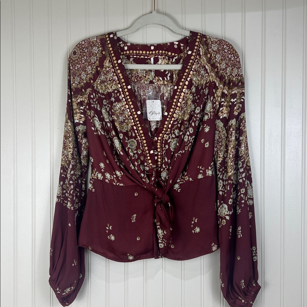 NWT Free People Run Free V-Neck Long Balloon Sleeve Chocolate Combo Size XS